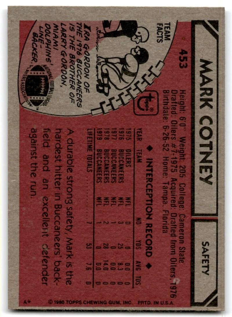 1980 Topps Mark Cotney Football Cards #453