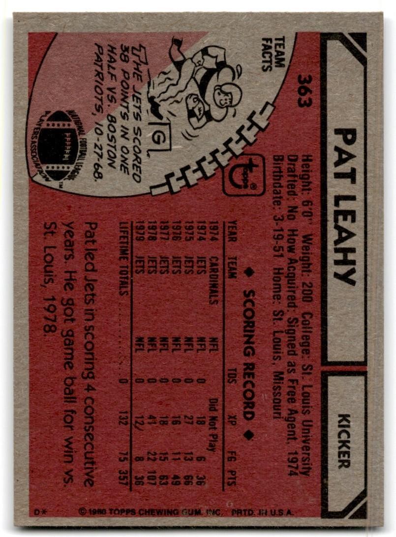 1980 Topps Pat Leahy Football Cards #363