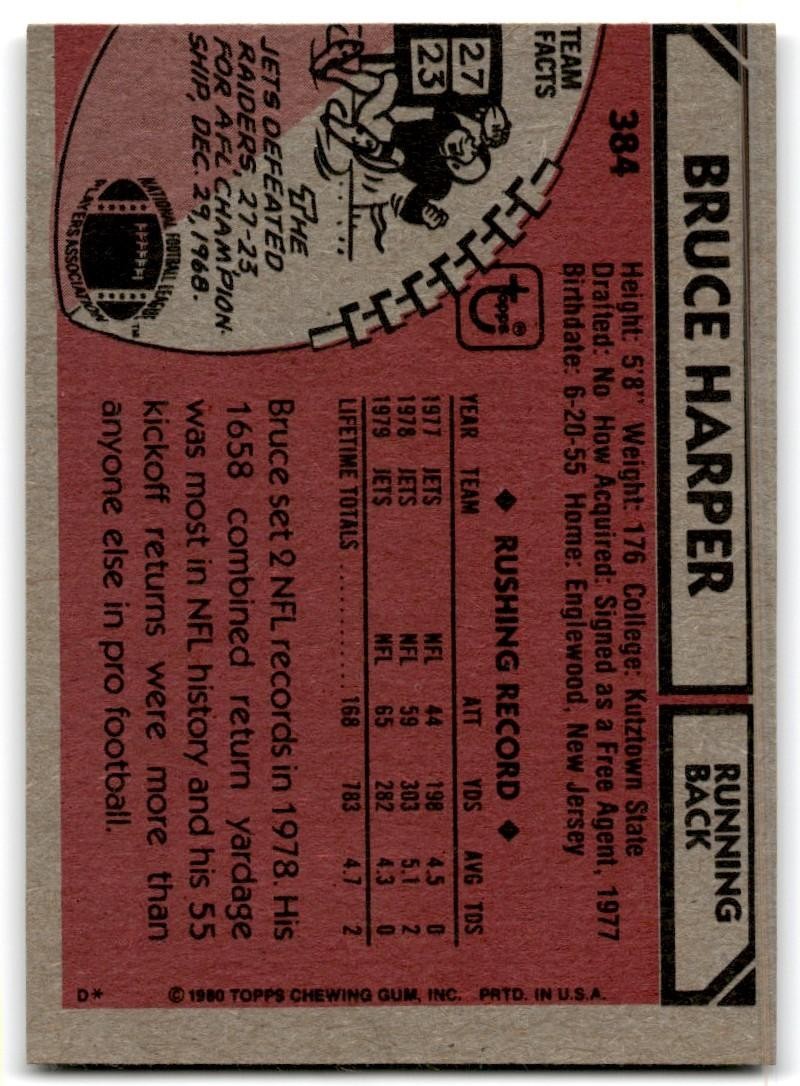 1980 Topps Bruce Harper Football Cards #384