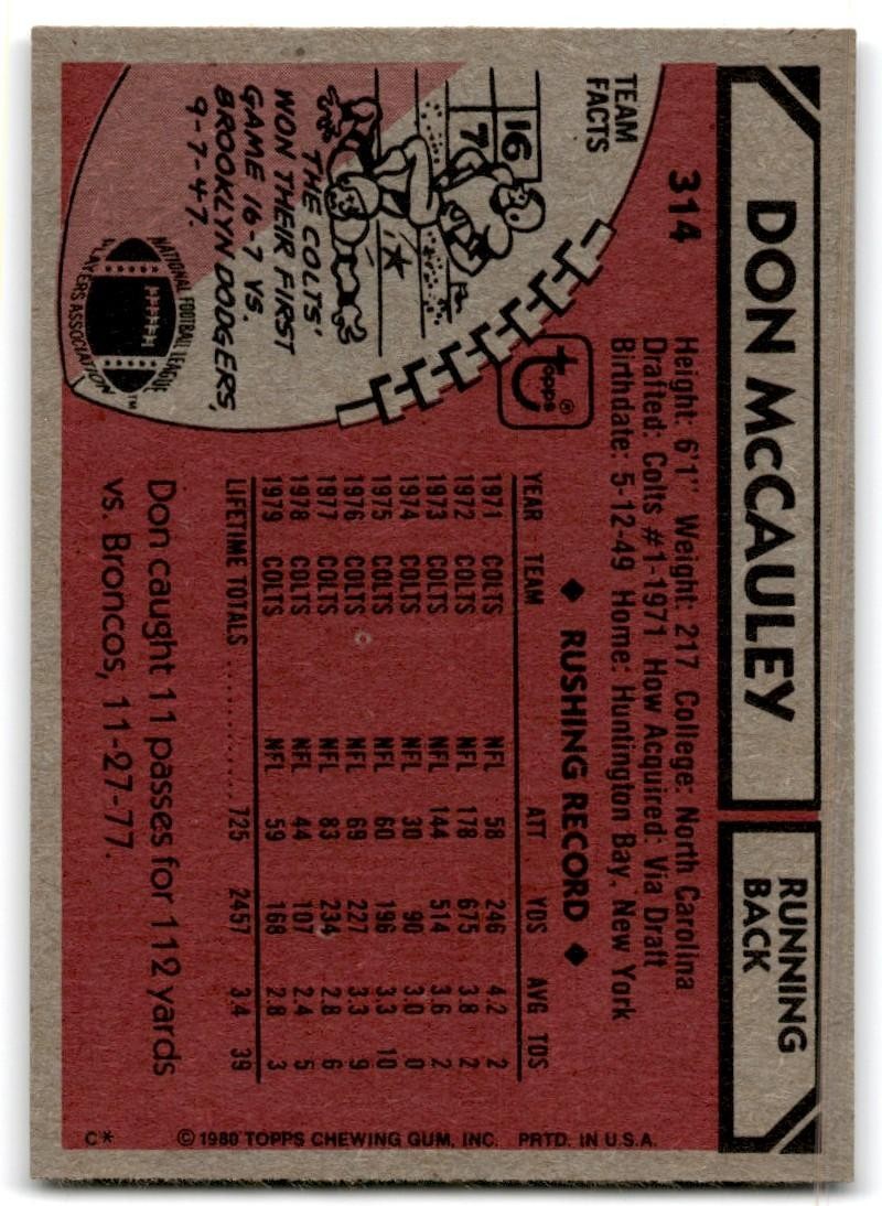 1980 Topps Don McCauley Football Cards #314