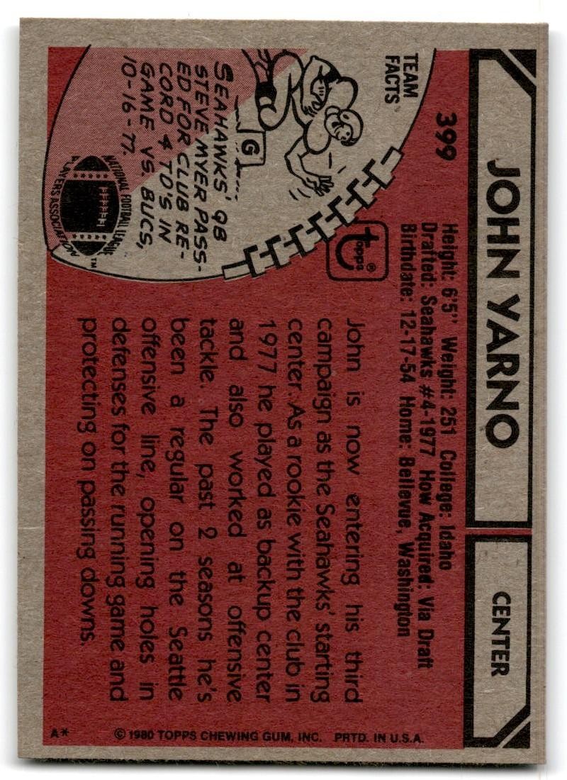 1980 Topps John Yarno Football Cards #399