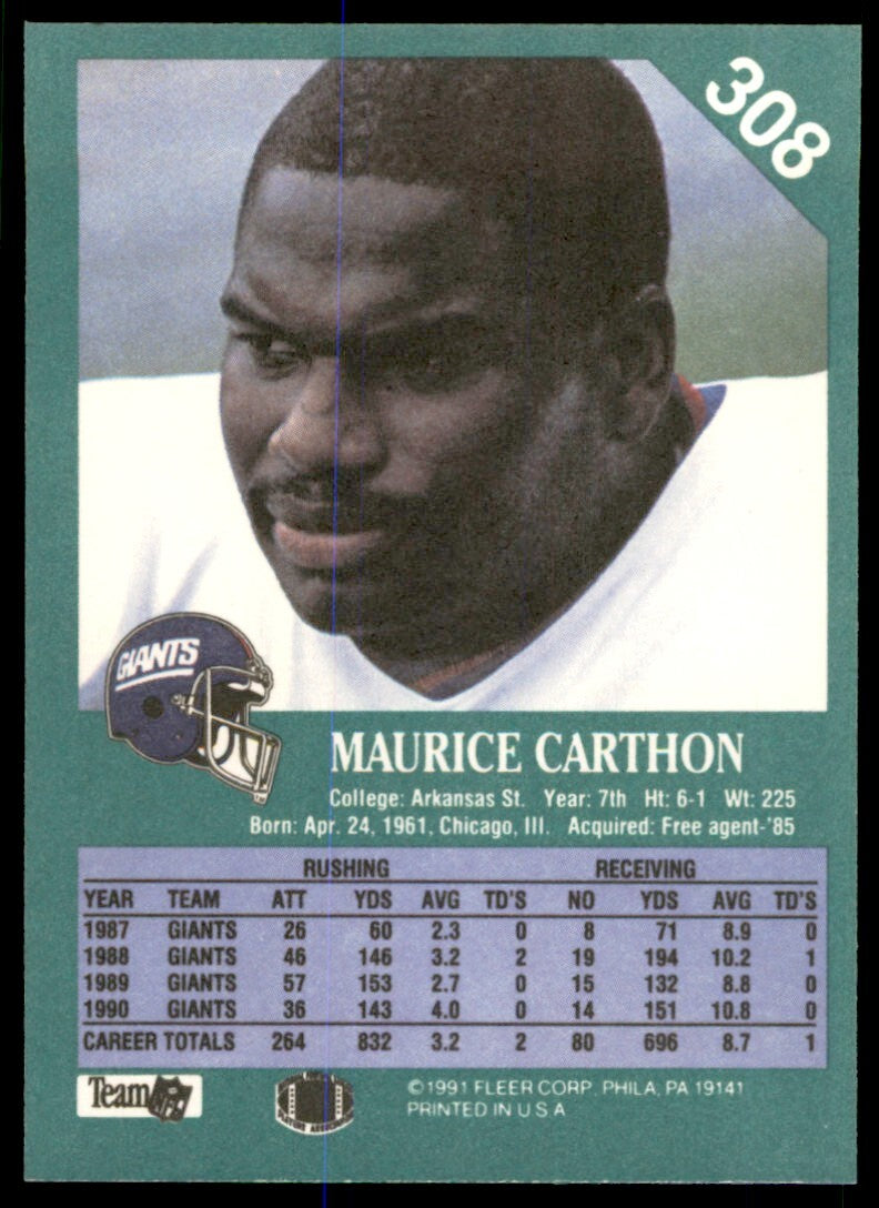 1991 Fleer Maurice Carthon . New York Giants #308