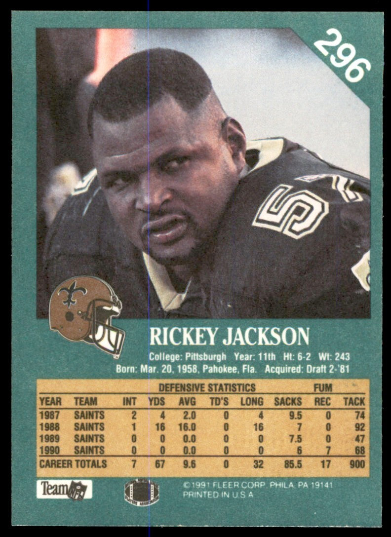 1991 Fleer Rickey Jackson . New Orleans Saints #296