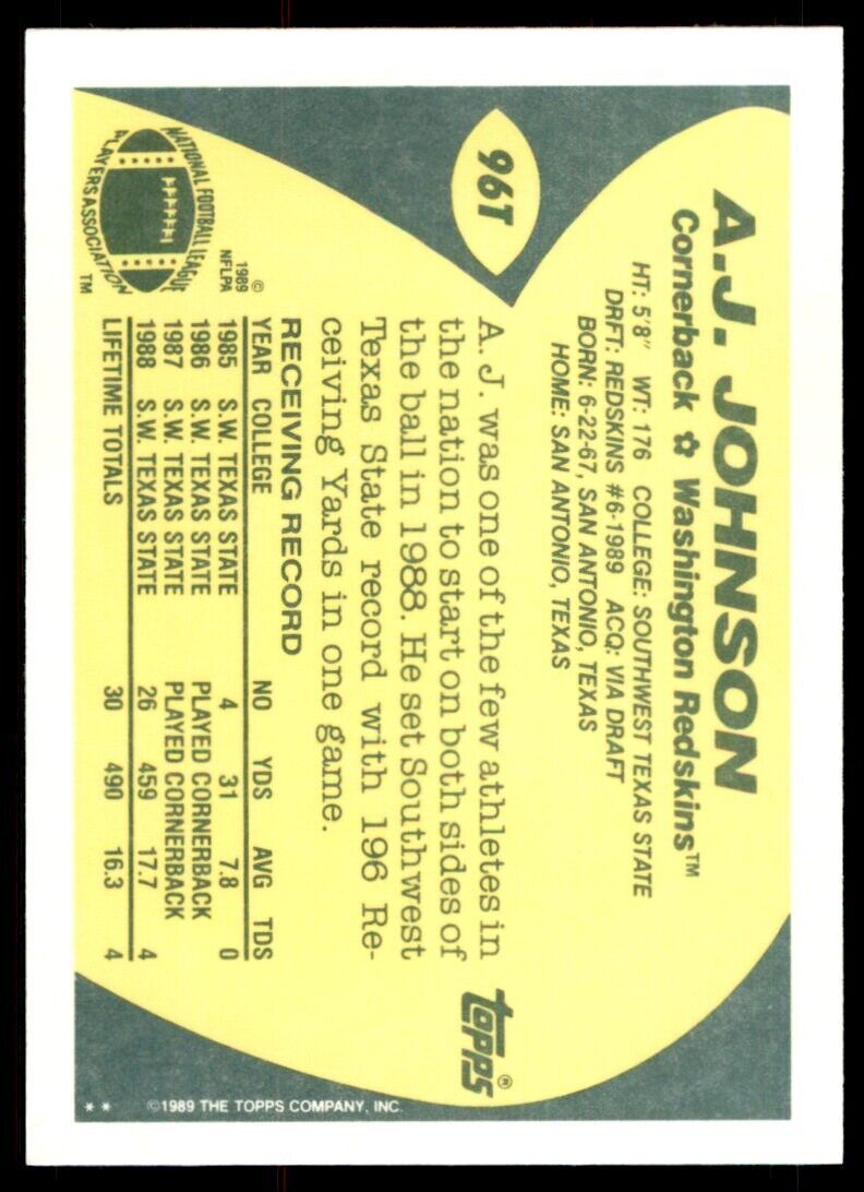 1989 TOPPS TRADED. A.J. JOHNSON ROOKIE . WASHINGTON REDSKINS #96T