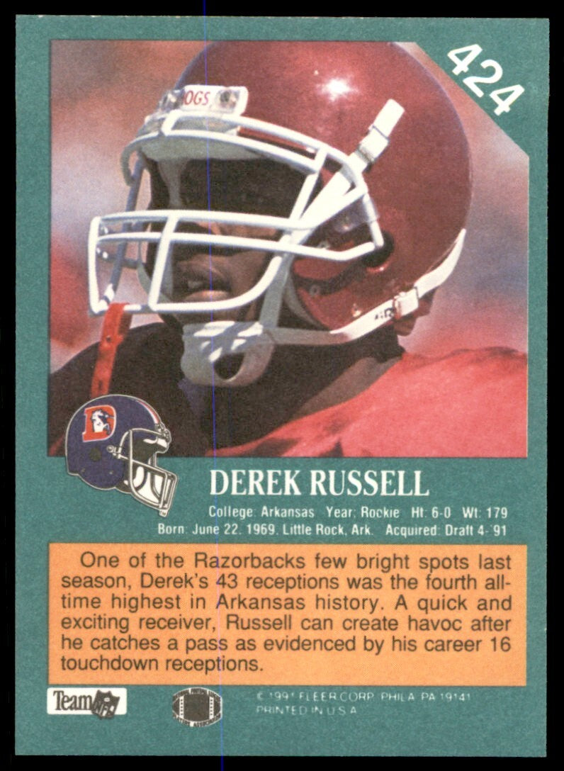 1991 Fleer Derek Russell Rookie . Denver Broncos #424