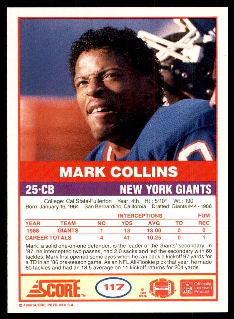 1989 SCORE. MARK COLLINS ROOKIE . NEW YORK GIANTS #117