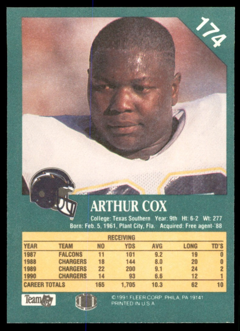 1991 Fleer Arthur Cox . San Diego Chargers #174