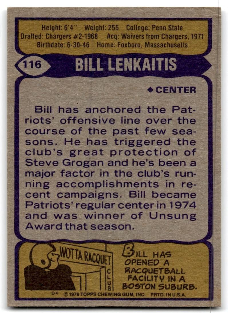 1979 Topps Football Card Bill Lenkaitis New England Patriots #116