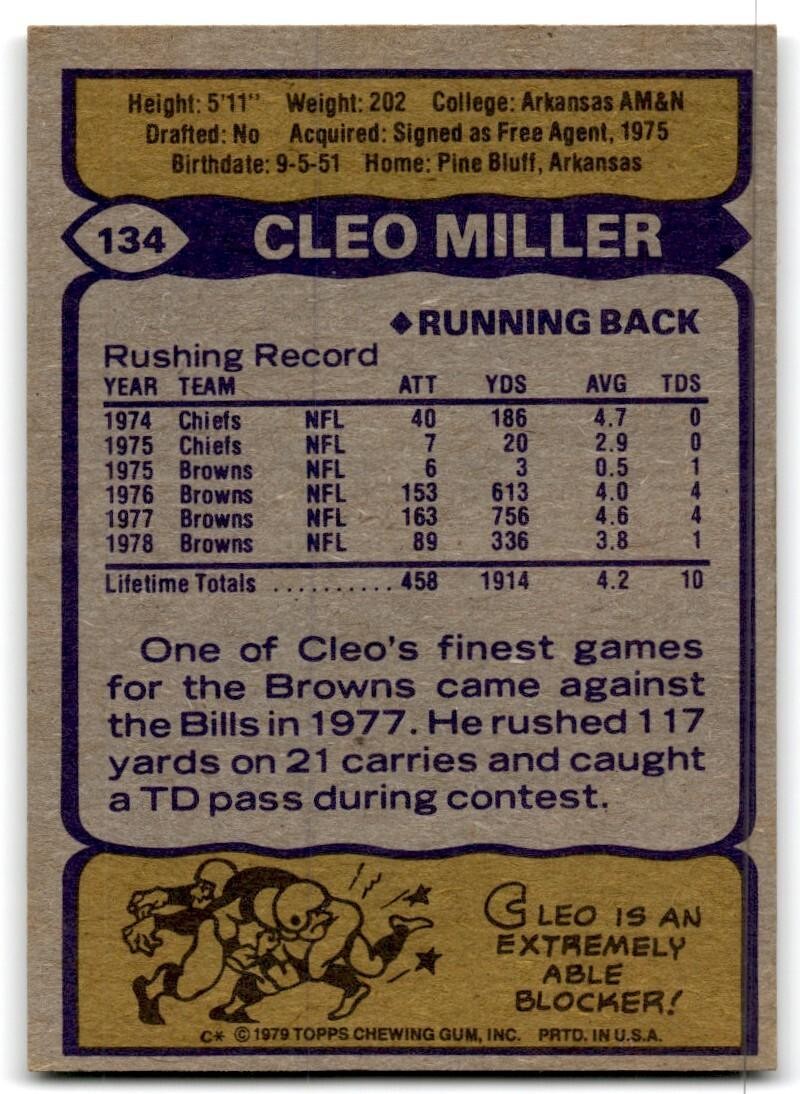 1979 Topps Football Card Cleo Miller Cleveland Browns #134