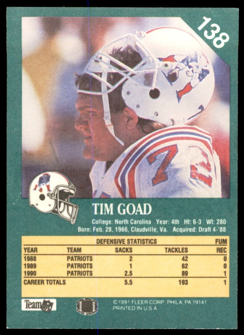 1991 Fleer Tim Goad . New England Patriots #138