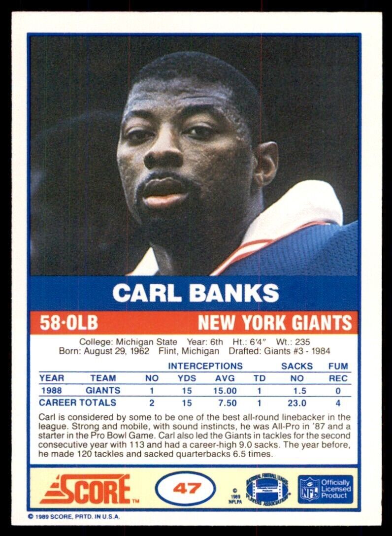1989 SCORE. CARL BANKS . NEW YORK GIANTS #47