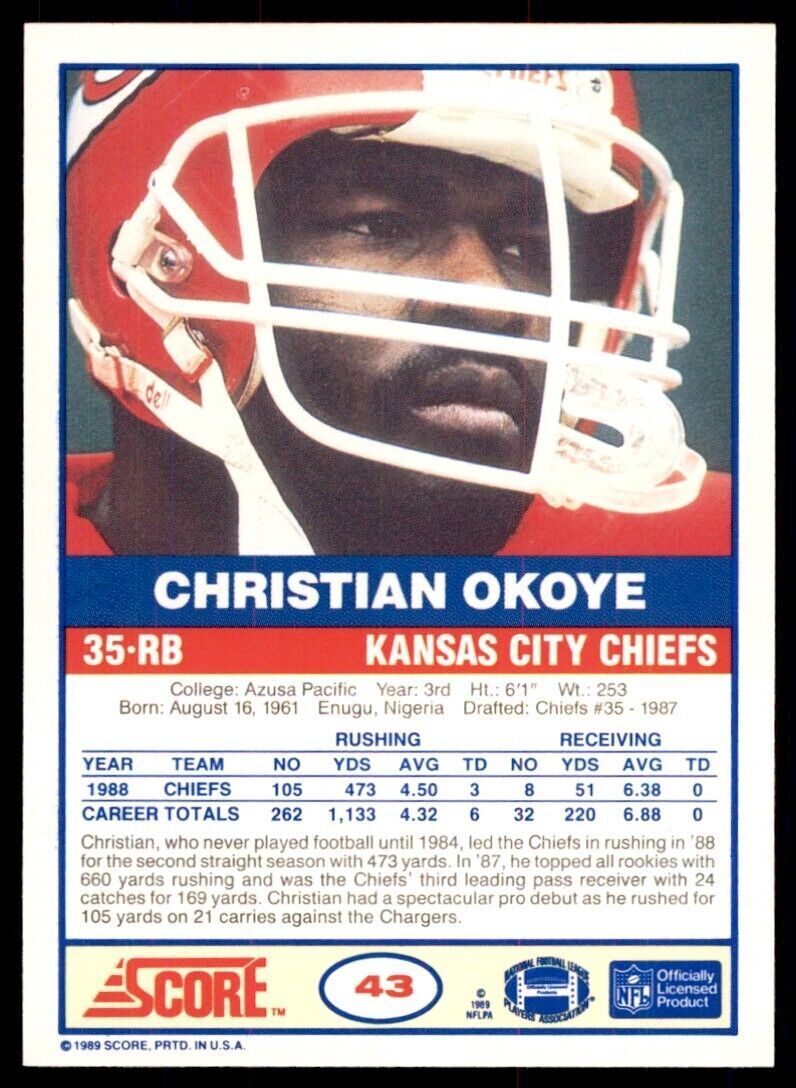 1989 SCORE. CHRISTIAN OKOYE . KANSAS CITY CHIEFS #43