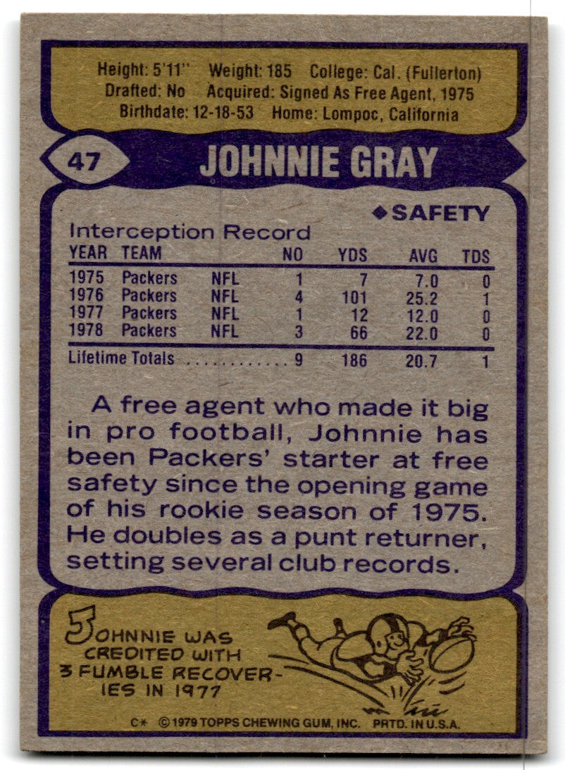 1979 Topps Football Card Johnnie Gray Green Bay Packers #47