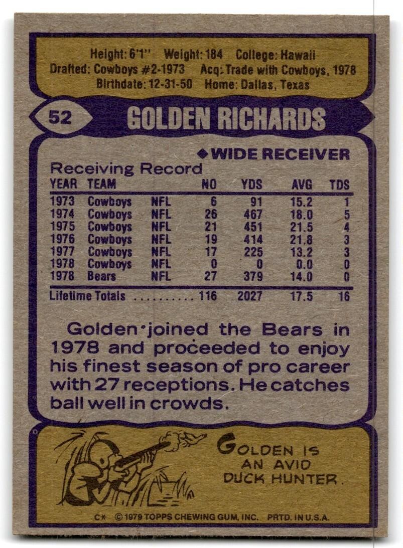 1979 Topps Football Card Golden Richards Chicago Bears #52