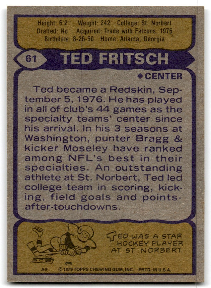 1979 Topps Football Card Ted Fritsch Washington Redskins #61