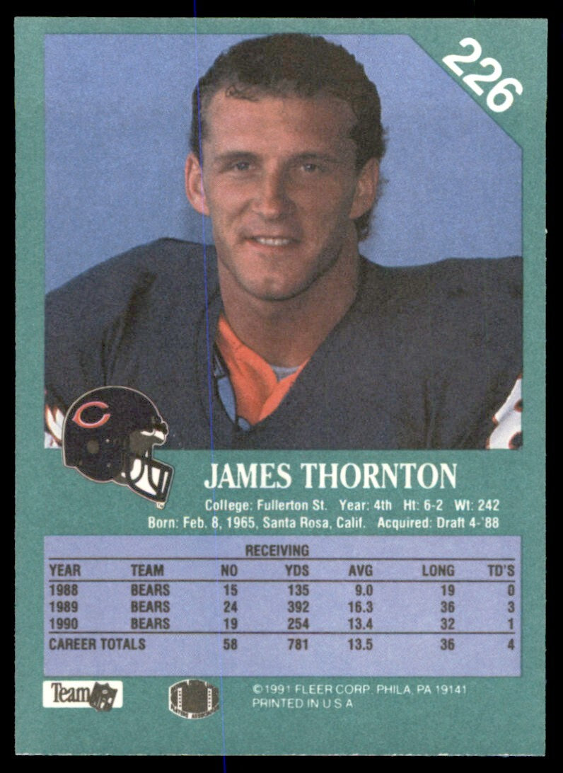 1991 Fleer James Thornton . Chicago Bears #226