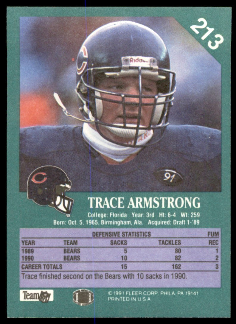 1991 Fleer Trace Armstrong . Chicago Bears #213