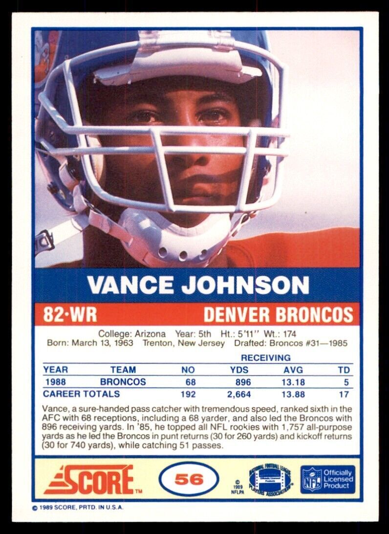 1989 SCORE. VANCE JOHNSON . DENVER BRONCOS #56