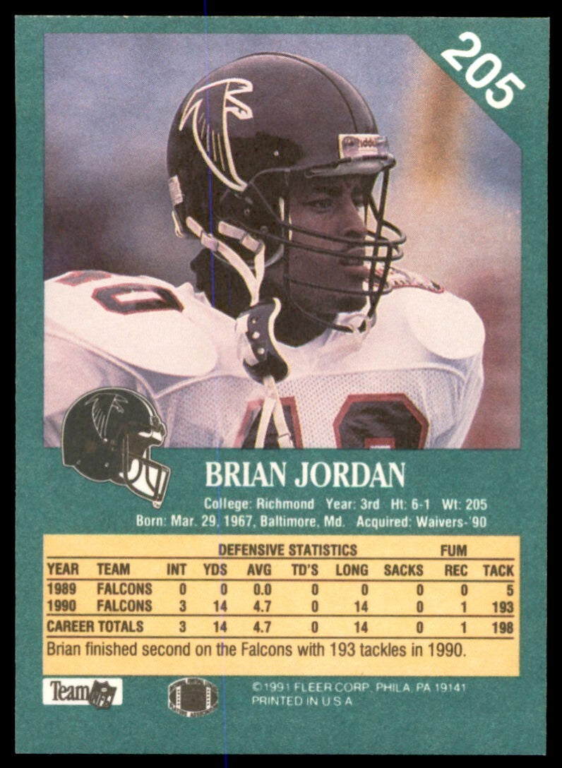 1991 Fleer Brian Jordan . Atlanta Falcons #205