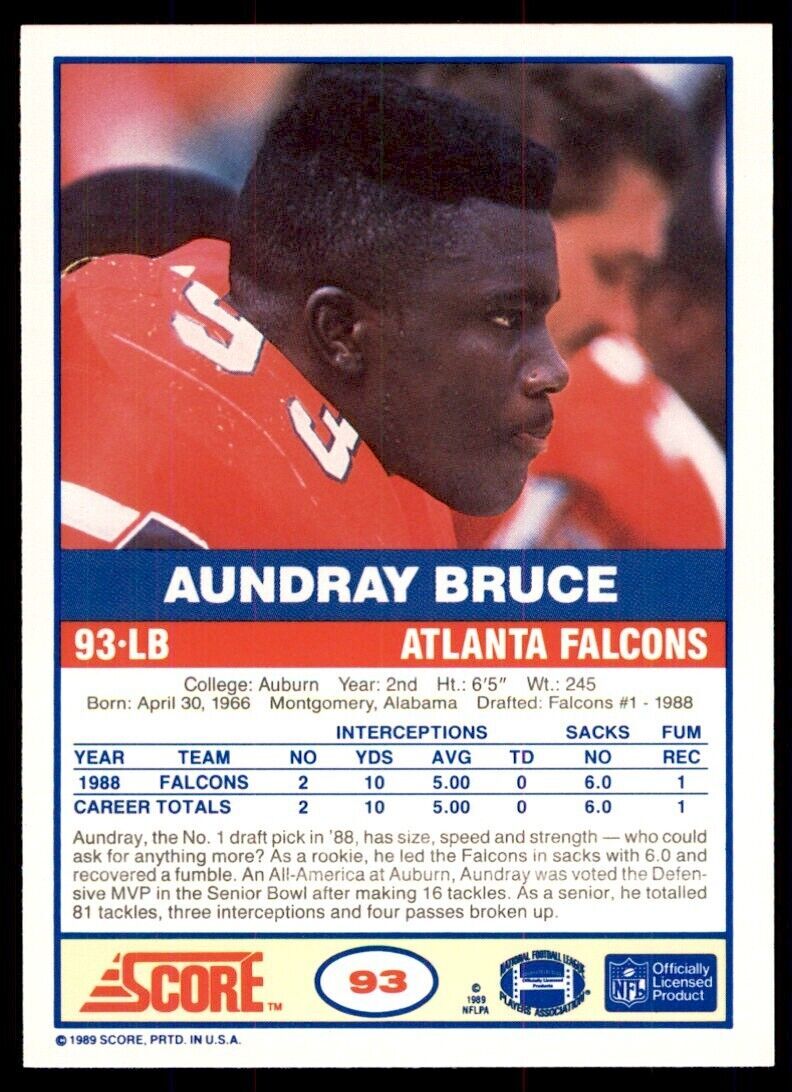 1989 SCORE. AUNDRAY BRUCE ROOKIE . ATLANTA FALCONS #93