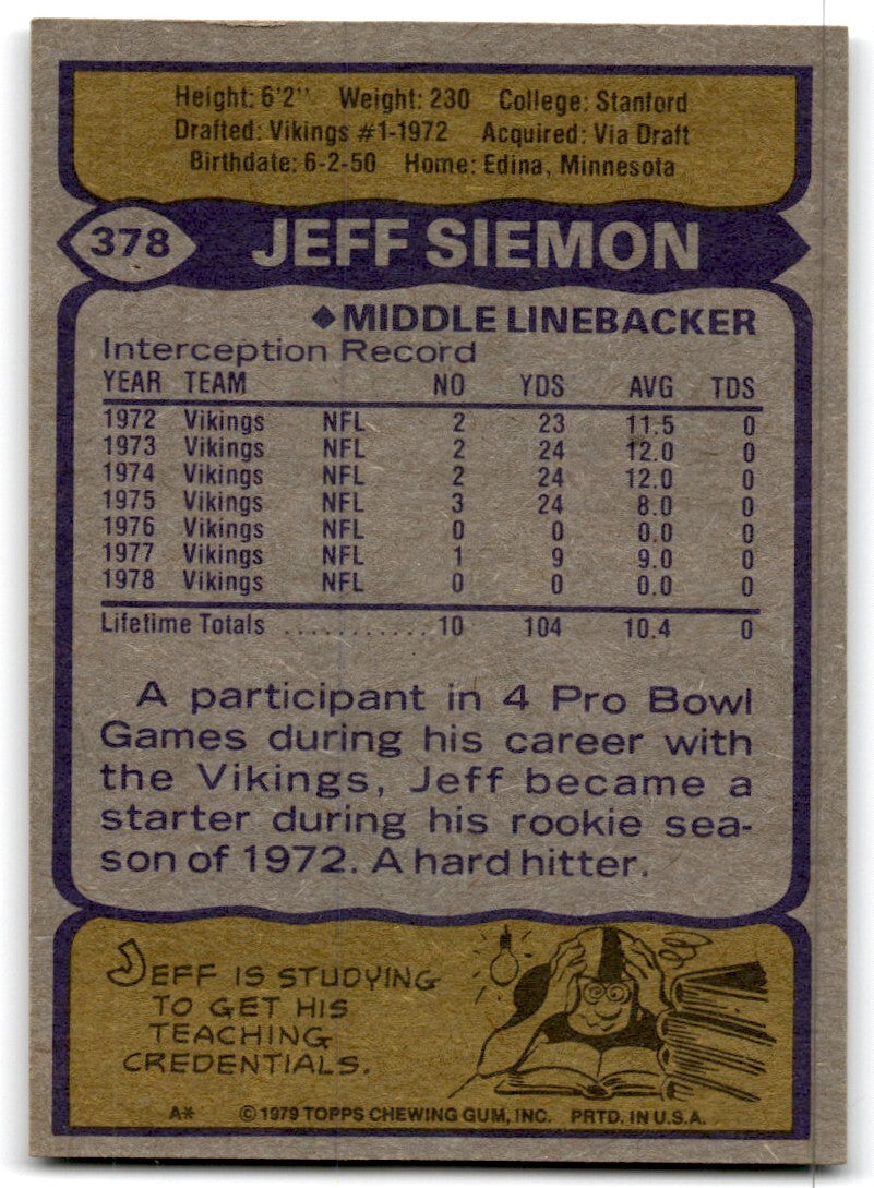 1979 Topps Football Card Jeff Siemon Minnesota Vikings #378