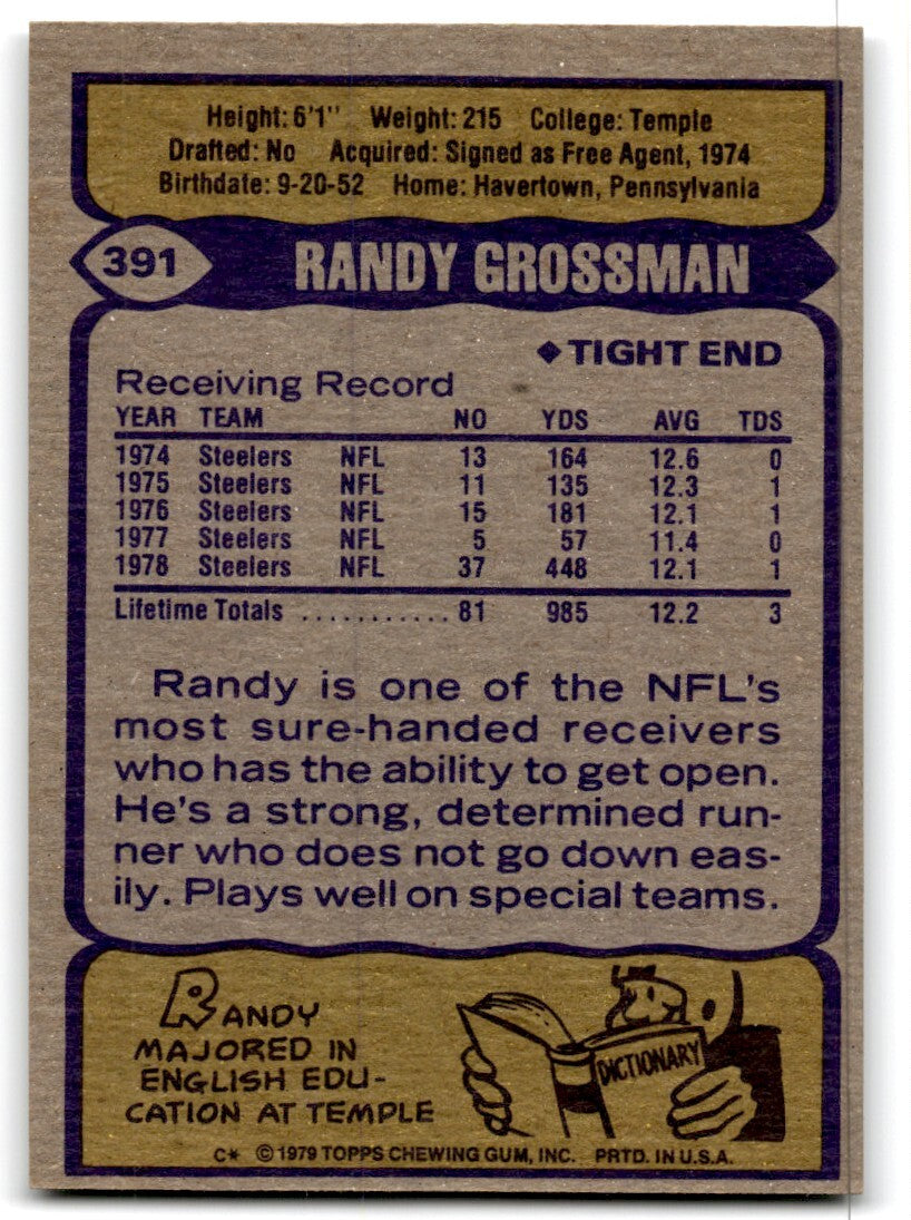 1979 Topps Football Card Randy Grossman Pittsburgh Steelers #391