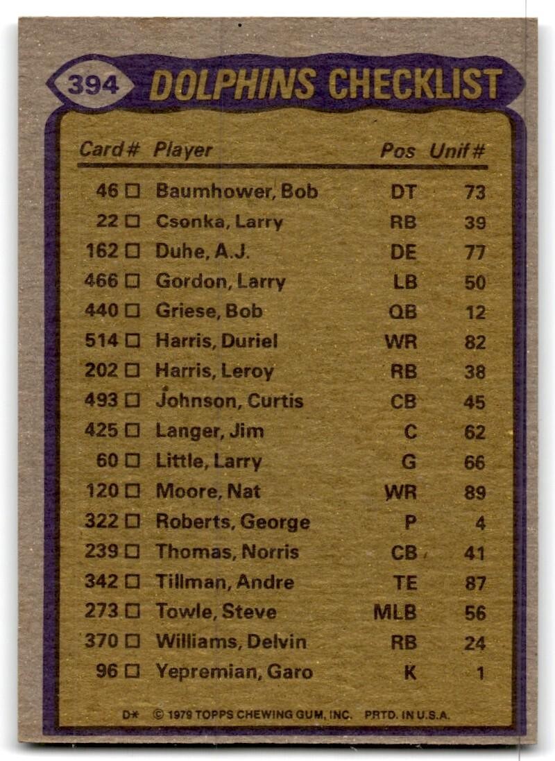 1979 Topps Football Card Delvin Williams/Duriel Harris/Tim Foley/Vern Den Herder