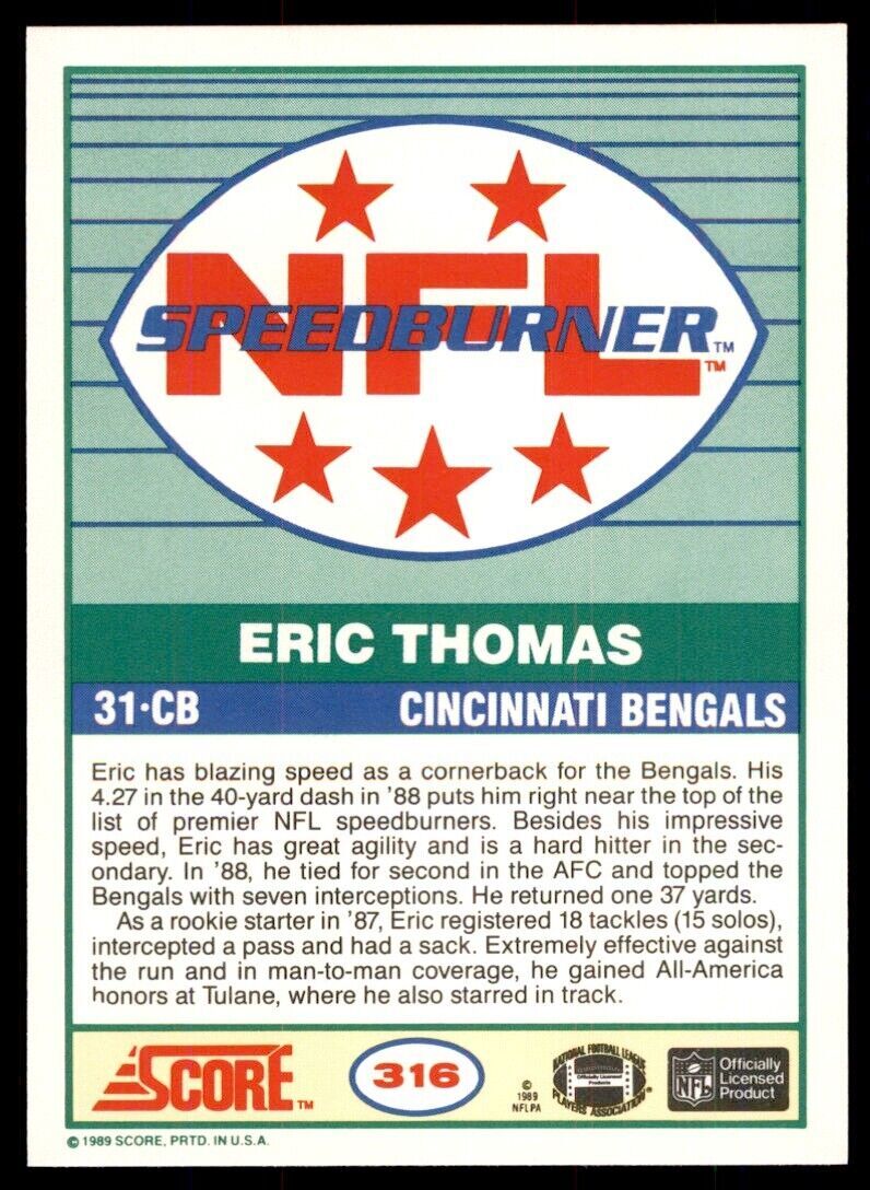 1989 SCORE. ERIC THOMAS ROOKIE . CINCINNATI BENGALS #316
