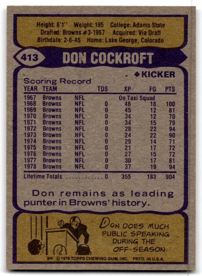 1979 Topps Football Card Don Cockroft Cleveland Browns #413