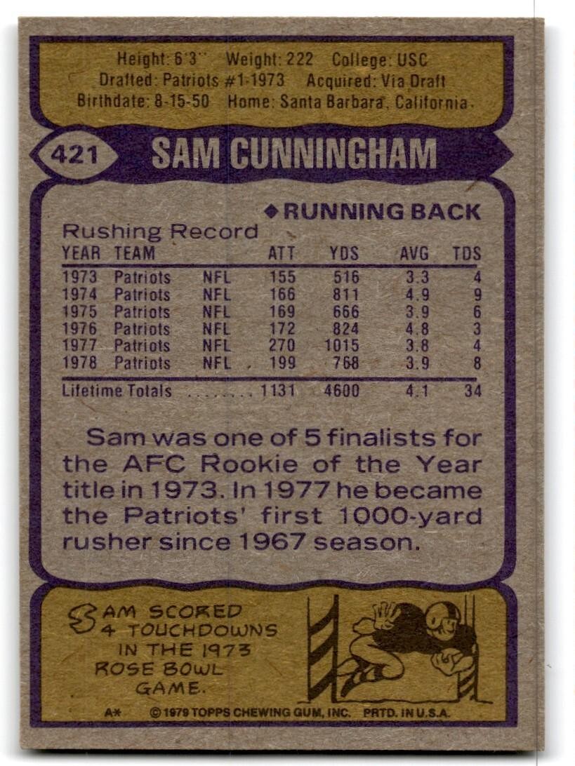 1979 Topps Football Card Sam Cunningham New England Patriots #421