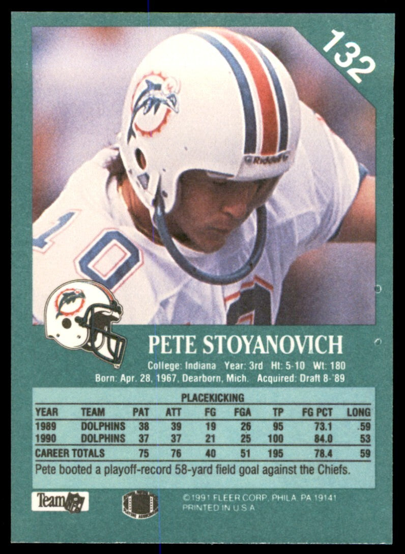 1991 Fleer Pete Stoyanovich . Miami Dolphins #132