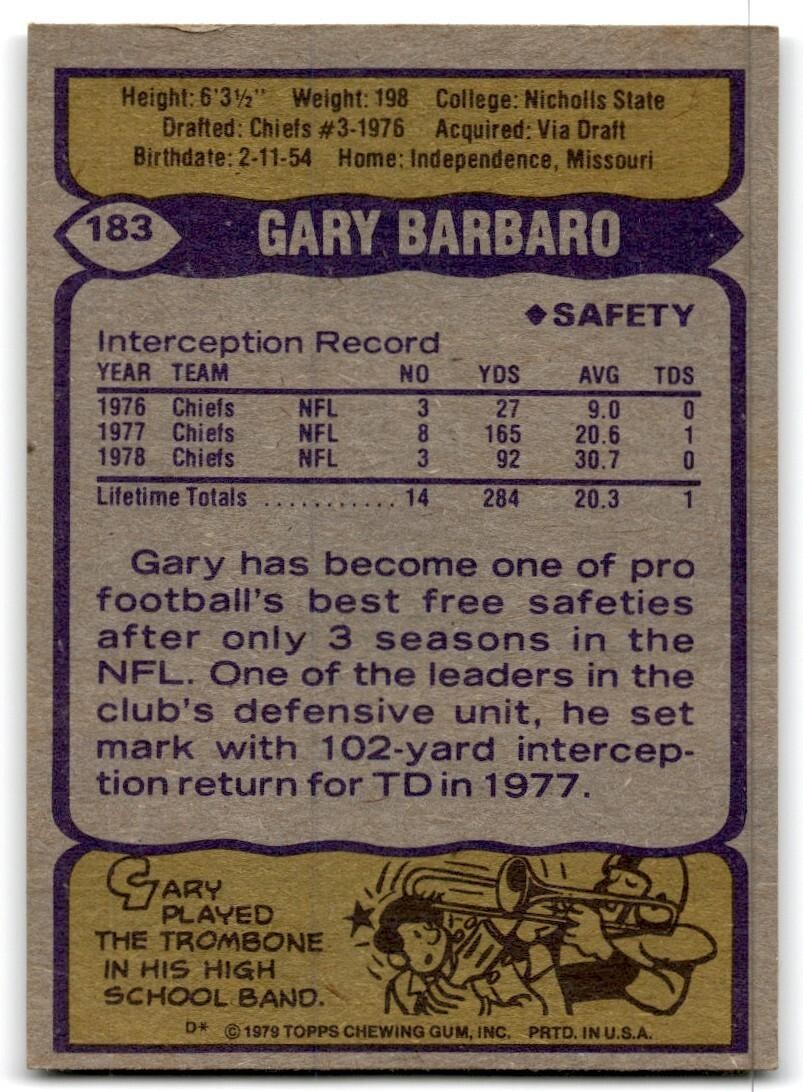 1979 Topps Football Card Gary Barbaro Kansas City Chiefs #183