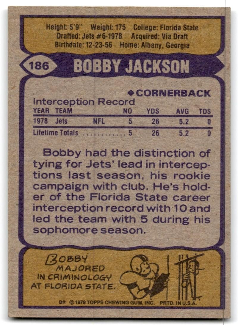1979 Topps Football Card Bobby Jackson Rookie New York Jets #186