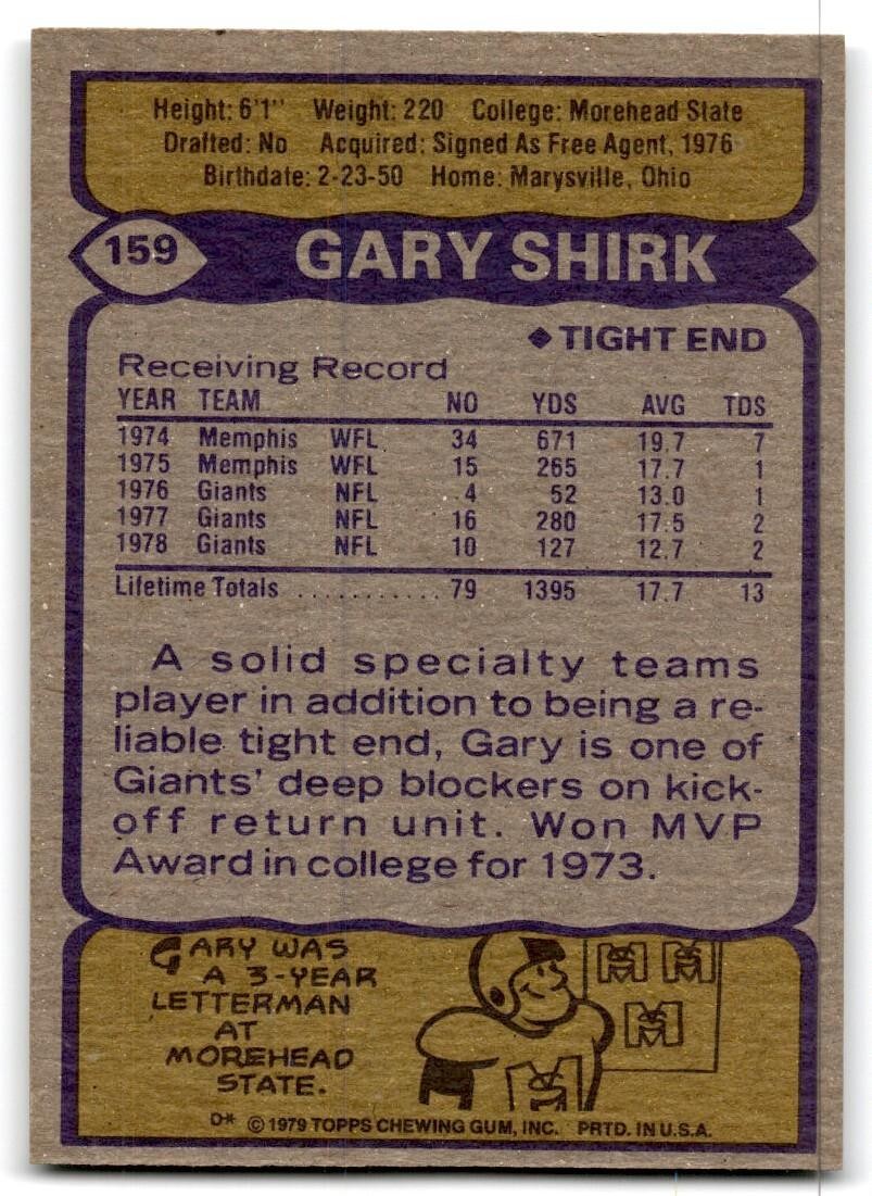 1979 Topps Football Card Gary Shirk New York Giants #159