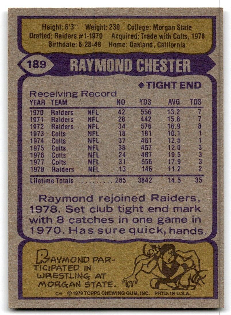 1979 Topps Football Card Raymond Chester Oakland Raiders #189