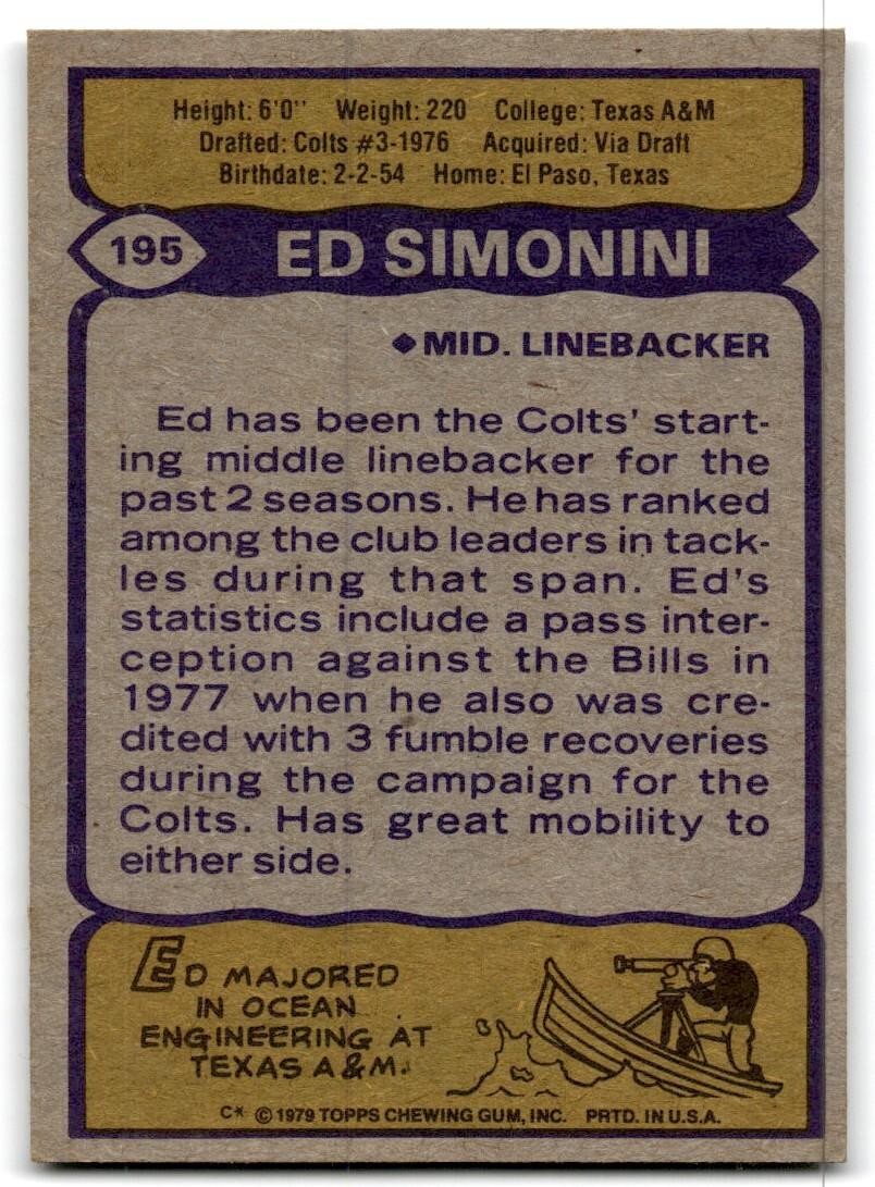 1979 Topps Football Card Ed Simonini Baltimore Colts #195