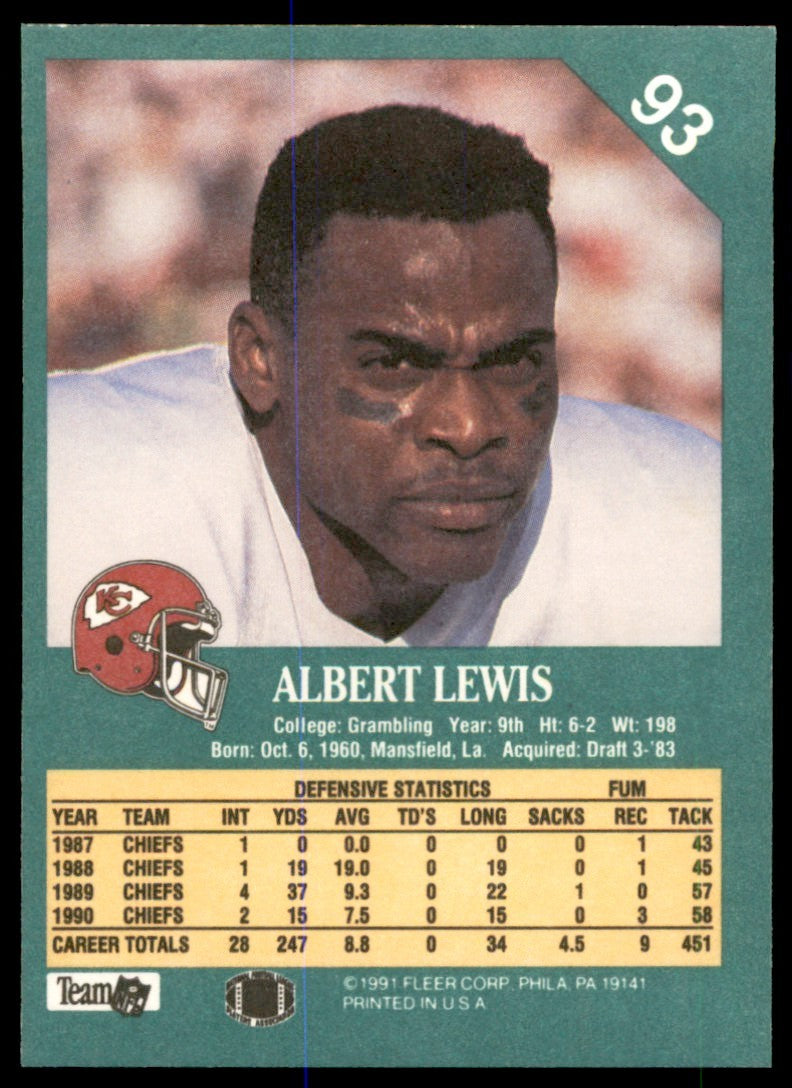 1991 Fleer Albert Lewis . Kansas City Chiefs #93