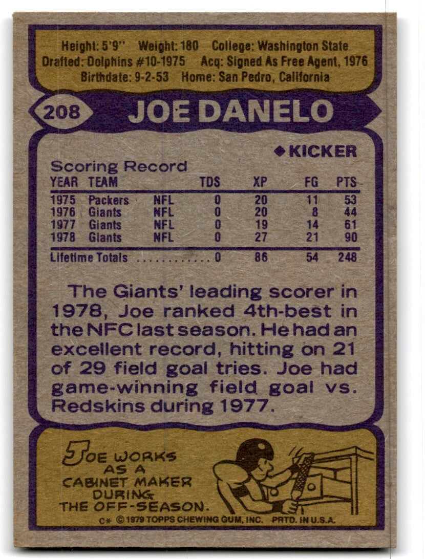 1979 Topps Football Card Joe Danelo New York Giants #208