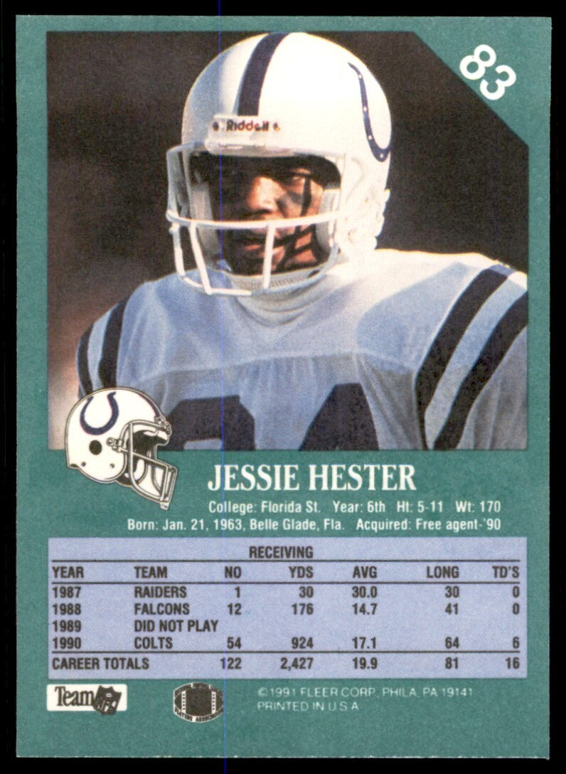 1991 Fleer Jessie Hester . Indianapolis Colts #83