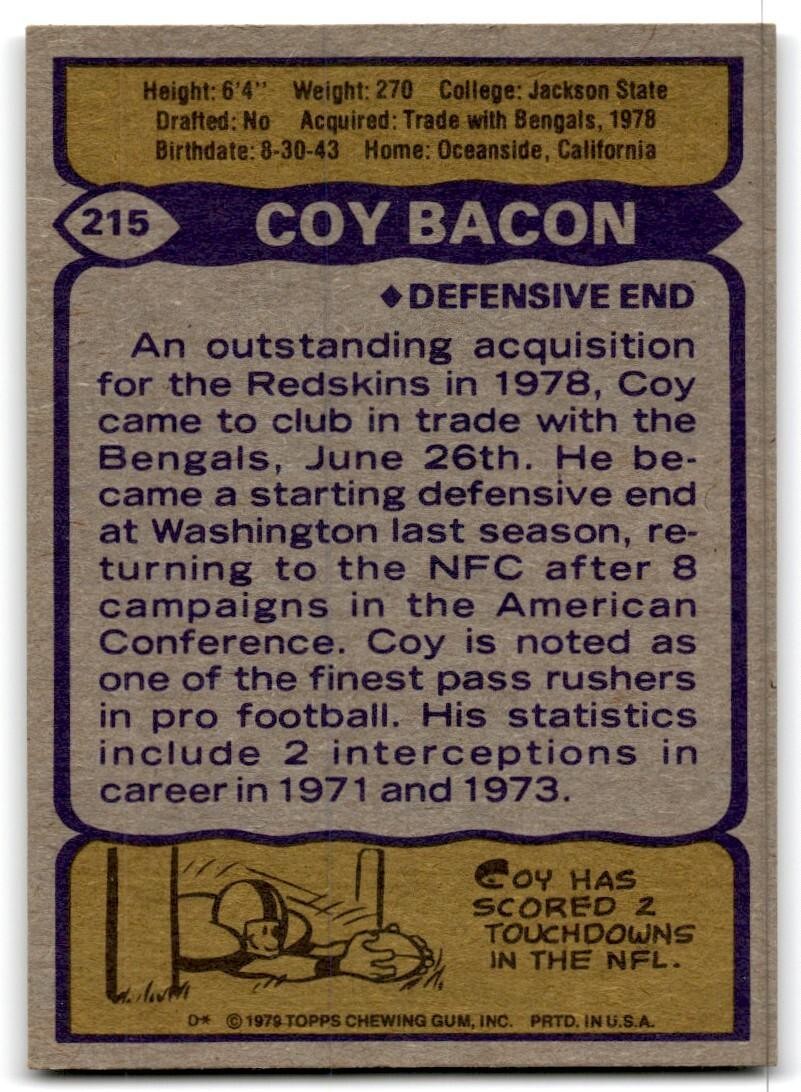 1979 Topps Football Card Coy Bacon Washington Redskins #215