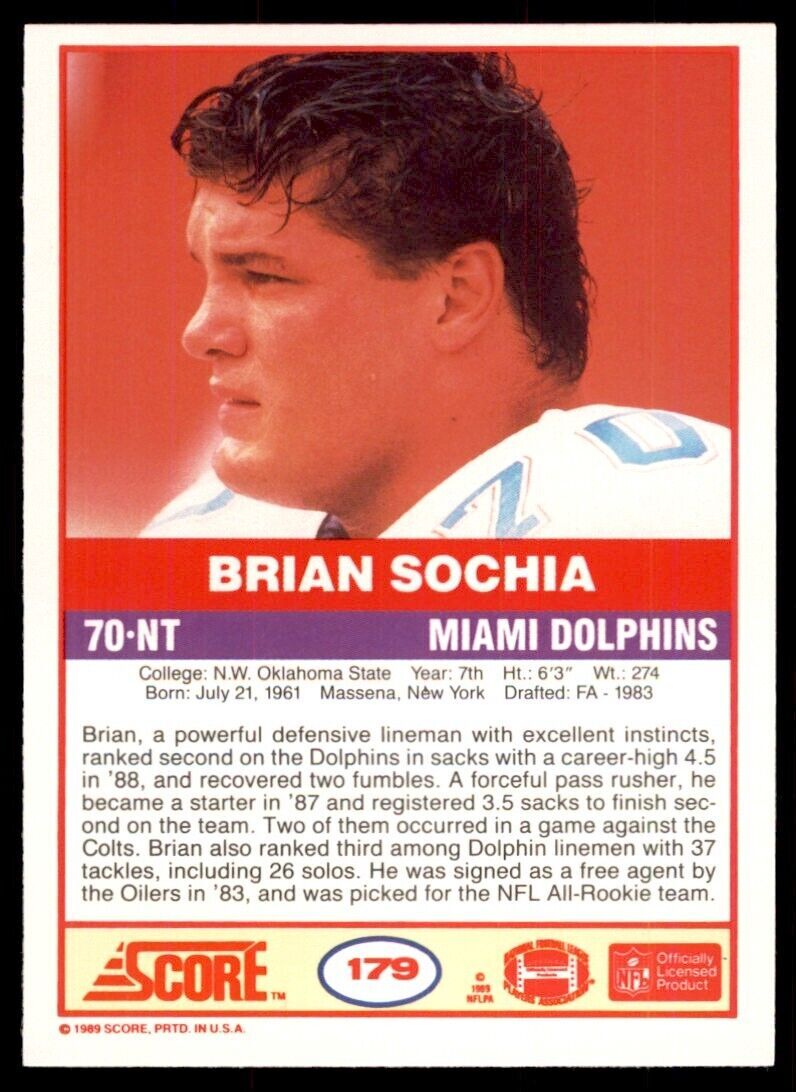 1989 SCORE. BRIAN SOCHIA ROOKIE . MIAMI DOLPHINS #179