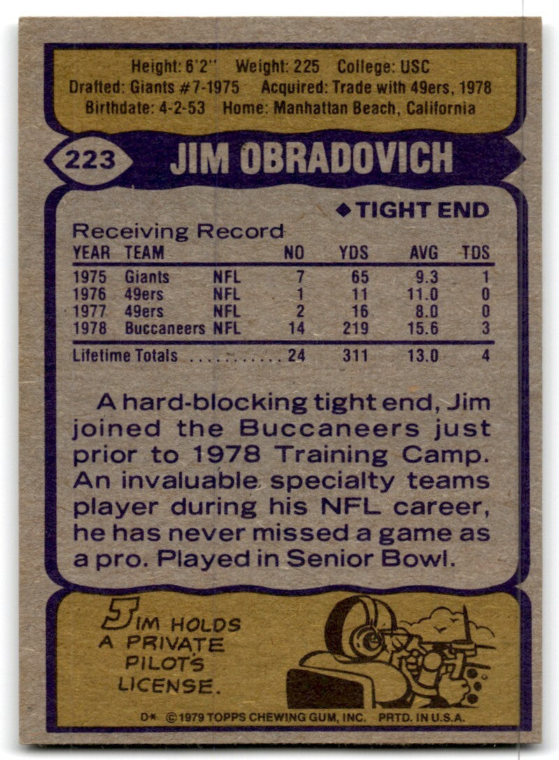 1979 Topps Football Card Jim O'Bradovich Rookie Tampa Bay Buccaneers #223