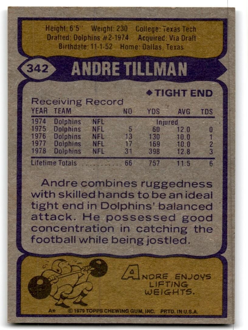 1979 Topps Football Card Andre Tillman Miami Dolphins #342