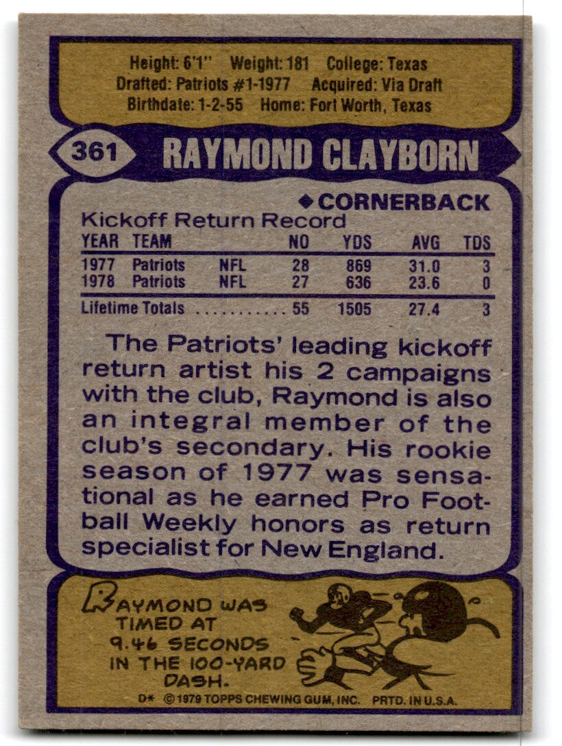 1979 Topps Football Card Raymond Clayborn New England Patriots #361