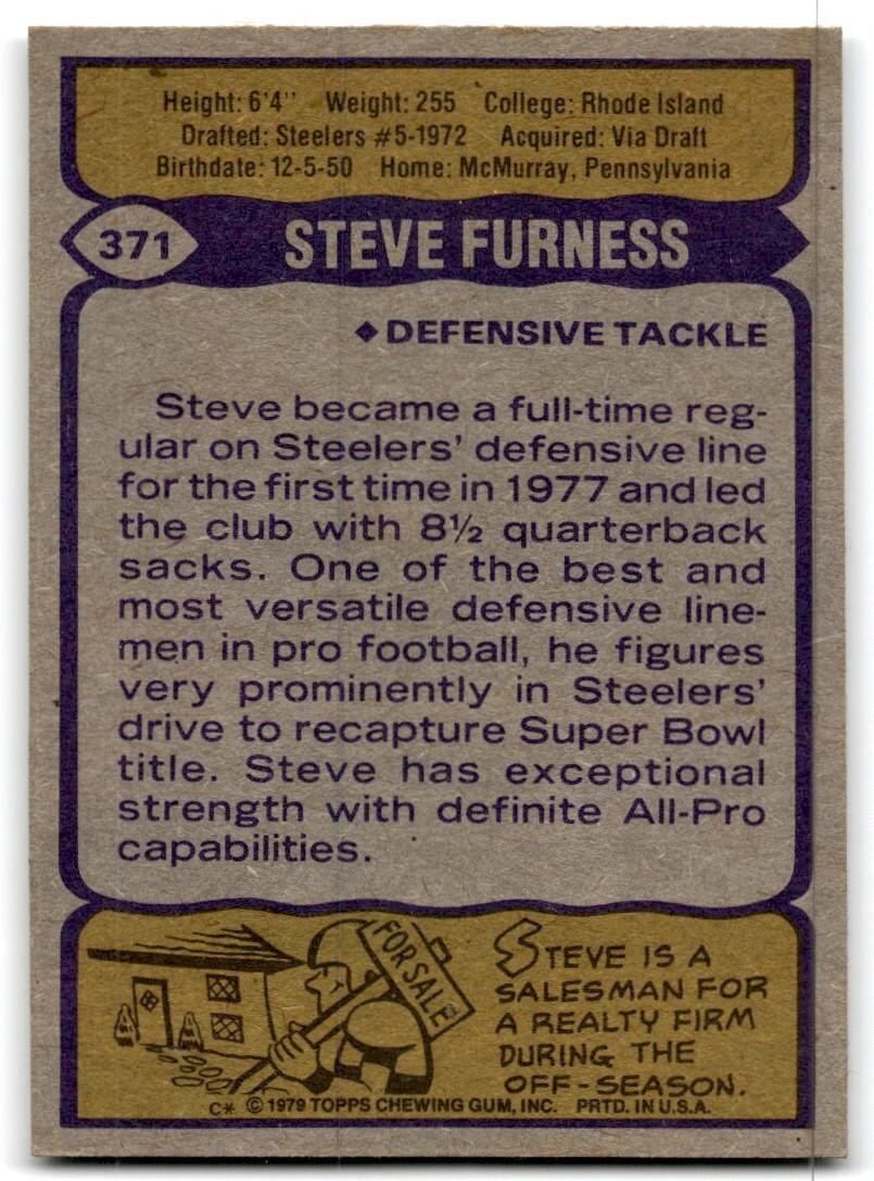 1979 Topps Football Card Steve Furness Pittsburgh Steelers #371
