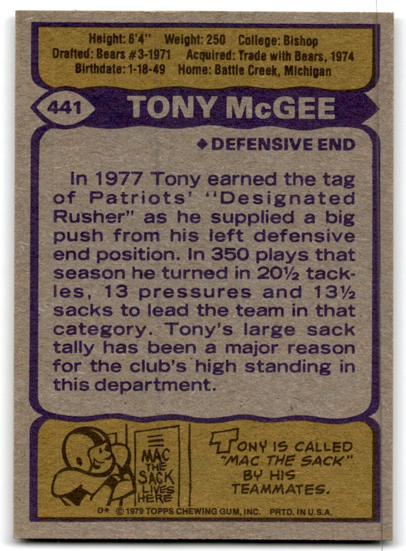 1979 Topps Football Card Tony McGee New England Patriots #441