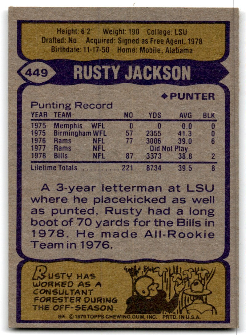 1979 Topps Football Card Rusty Jackson Buffalo Bills #449