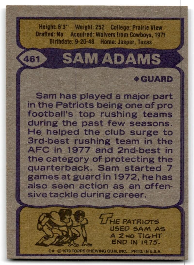1979 Topps Football Card Sam Adams New England Patriots #461