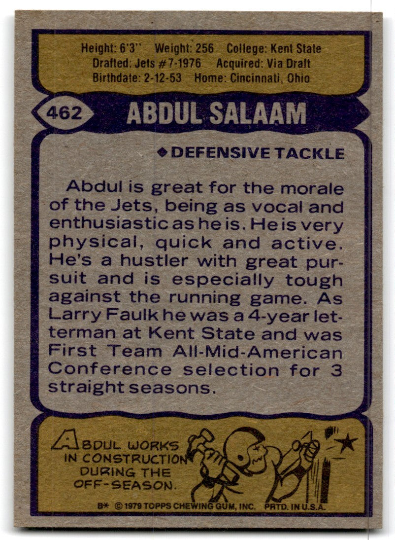 1979 Topps Football Card Abdul Salaam New York Jets #462