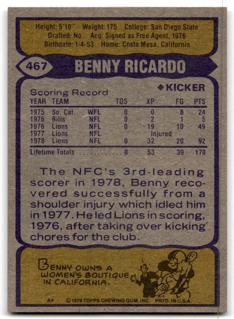 1979 Topps Football Card Benny Ricardo Detroit Lions #467